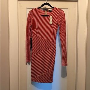 BEBE red beige stripe long sleeve dress NWT - XS